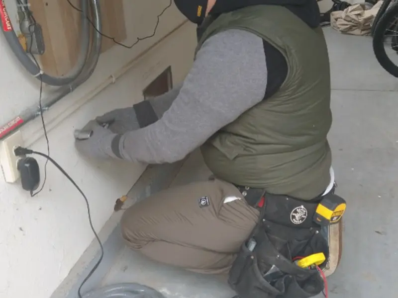 Electrician performing outlet wiring in a Belleview garage